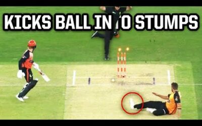 Scorchers bowler kicks the ball into the stumps, a breakdown