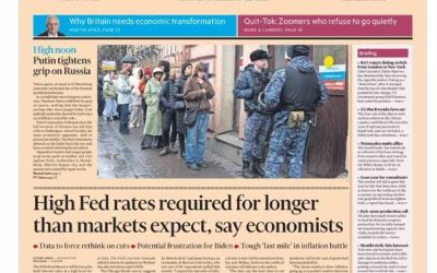 Financial Times front page says high Federal Reserve interest rates needed for longer