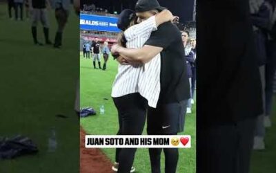 Juan Soto celebrates with his mom after his first #Postseason series victory as a Yankee 🥹