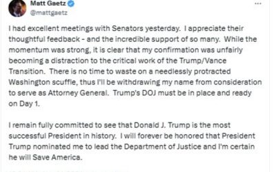 Matt Gaetz withdraws name for Attorney General nomination